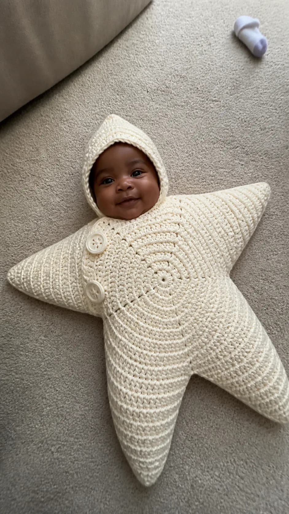 Baby wearing a cream crocheted star outfit
